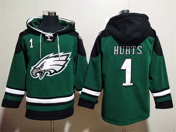 Men's Philadelphia Eagles #1 Jalen Hurts Green Lace-Up Pullover Hoodie,We sell and wholesale Men's Philadelphia Eagles #1 Jalen Hurts Green Lace-Up Pullover Hoodie on line form chian!